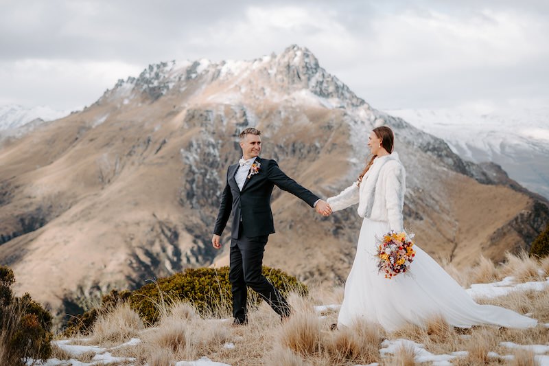 bride and groom exploring roundhill in queestown